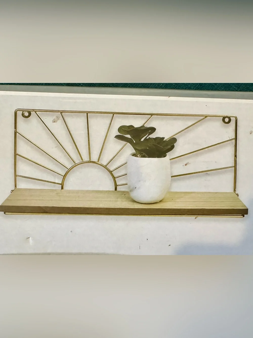 Wood & Metal Sun Ray Wall Shelf – Gold & Natural Wood. New in Box